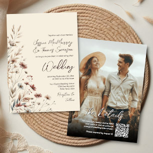 Boho Wildflowers & Photo Modern QR Code Wedding Invitation