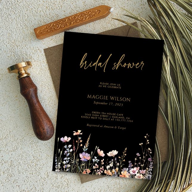 Boho Wildflowers Pop! Black Bridal Shower Invitation (Boho Wildflowers Pop! Black Bridal Shower Invitation Personalized)