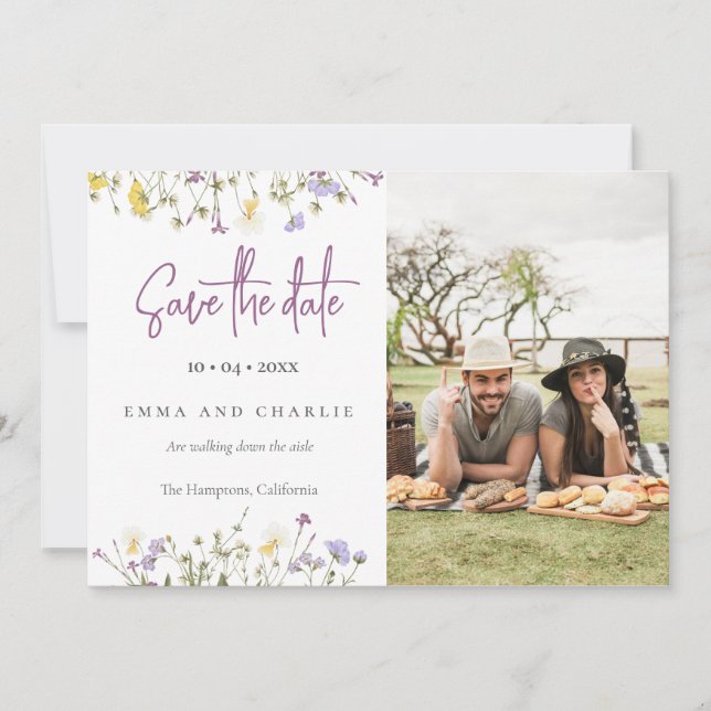Boho Wildflowers QR Code Elegant Photo Wedding Save The Date (Front)