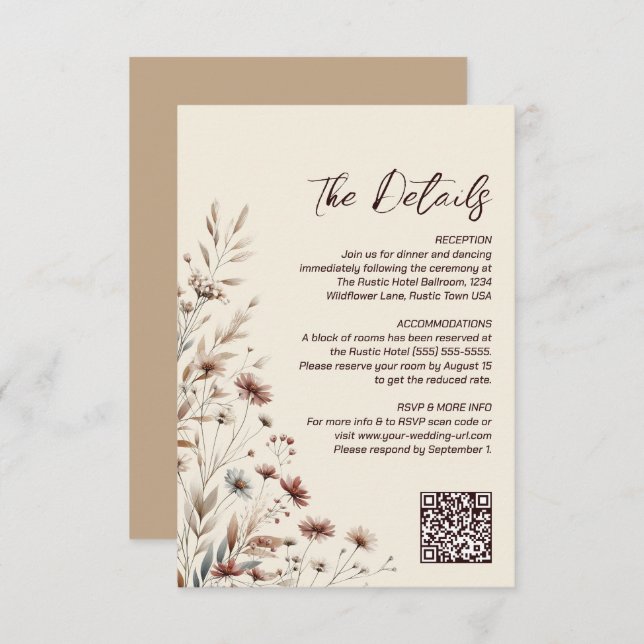 Boho Wildflowers QR Code Wedding Details Small Enclosure Card (Front/Back)