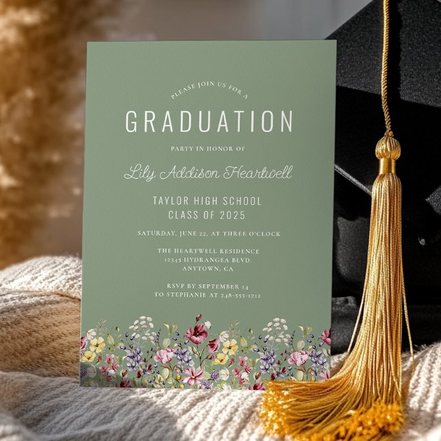 Boho Wildflowers Sage Green Graduation Party Invitation (Creator Uploaded)