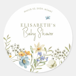 Boho wildflowers spring baby shower personalised classic round sticker