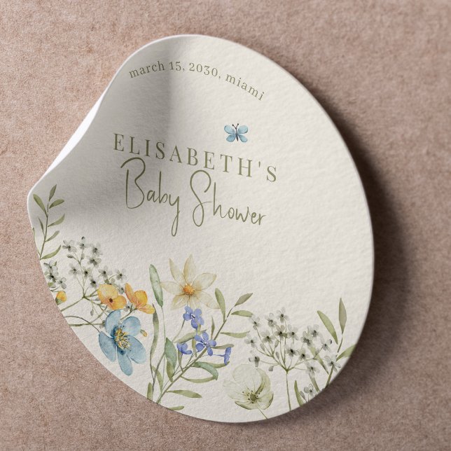 Boho wildflowers spring baby shower personalised classic round sticker (Creator Uploaded)