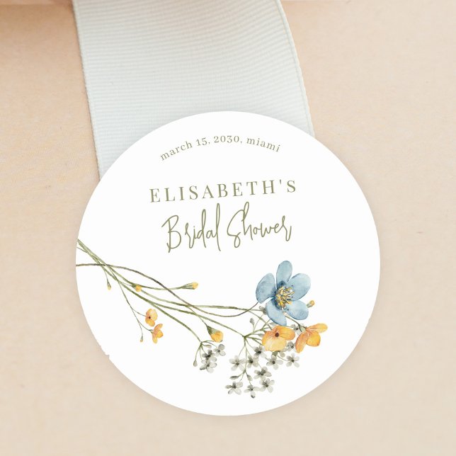 Boho wildflowers spring bridal shower personalised classic round sticker (Creator Uploaded)