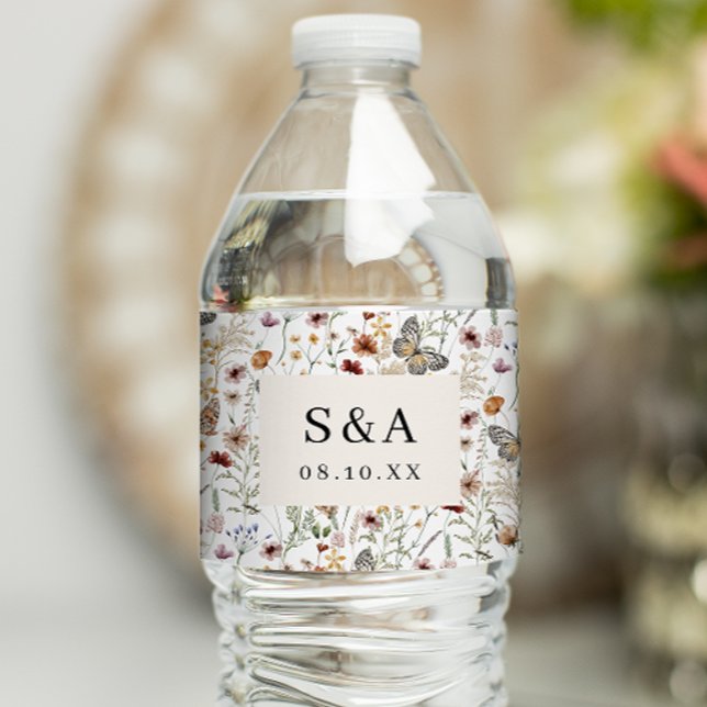 Boho Wildflowers Water Bottle Label (White Boho Wildflowers Water Bottle Label Monogrammed by Painted Paperie
)