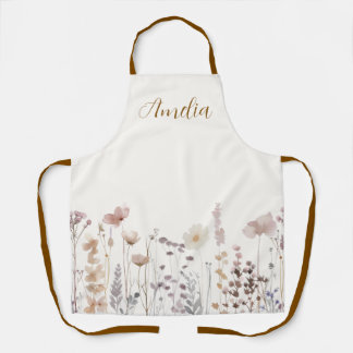 Boho Wildflowers Watercolor Floral Name Apron