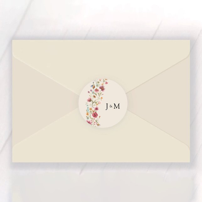 Boho Wildflowers Wedding Classic Round Sticker (Creator Uploaded)