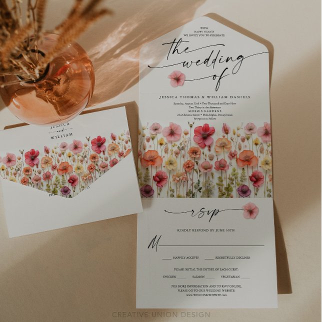 Boho Wildflowers Wedding Colourful Flowers All In One Invitation (Wildflower Wedding Invite)