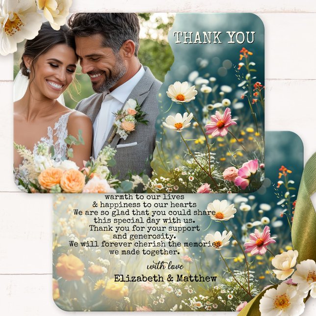 Boho Wildflowers Wedding Photo Thank You (Wedding Thank You card featuring your custom photo framed by a bohemian design with wildflowers.)