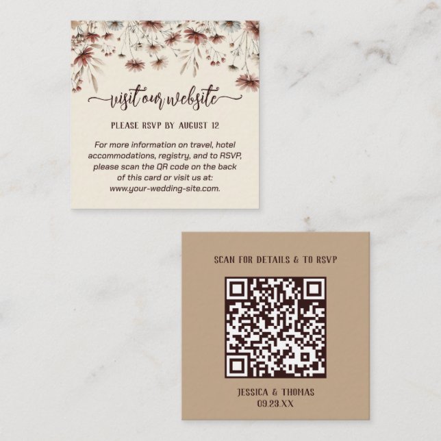 Boho Wildflowers Wedding Website & RSVP QR Code Enclosure Card (Front/Back)