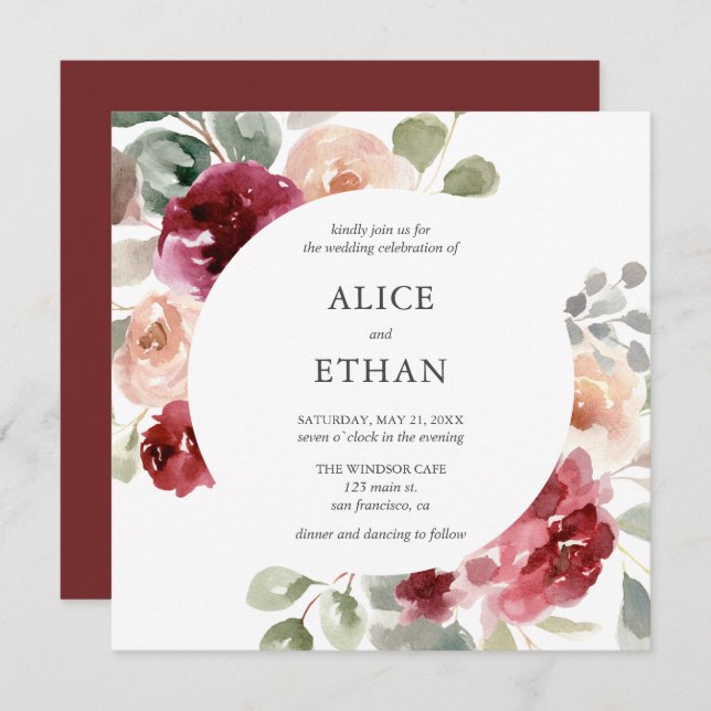 Boho Wine Flowers And Greenery Wedding Invitation (Front/Back)