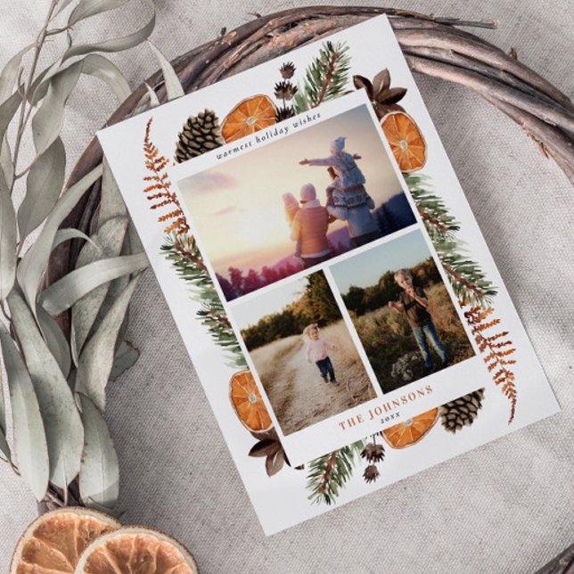 Boho Winter Citrus Botanical 3 Photo Holiday Card (Creator Uploaded)