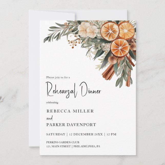 Boho Winter citrus dry orange Rehearsal Dinner Invitation (Front)