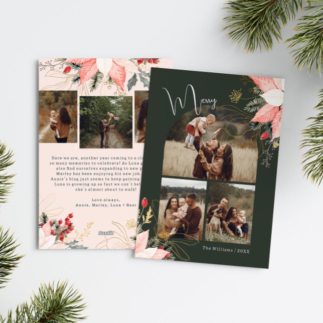 Boho Winter Floral Arch Merry Six Photo Christmas  Holiday Card (Creator Uploaded)
