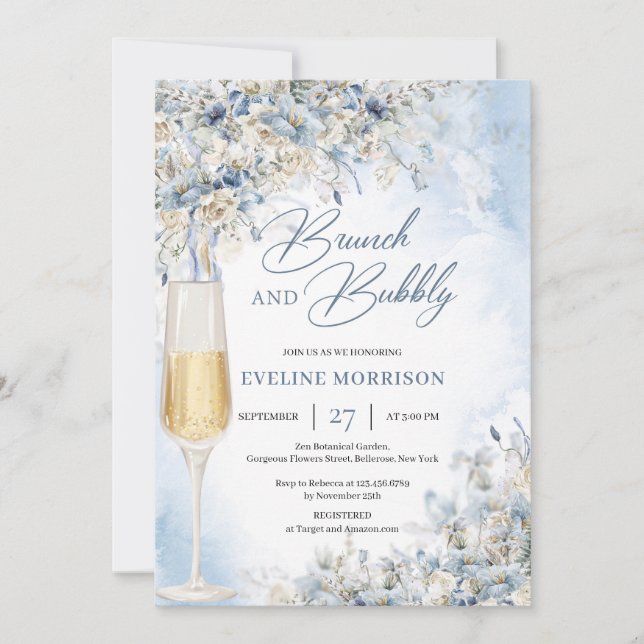 Boho winter flowers greenery brunch and bubbly  invitation (Front)