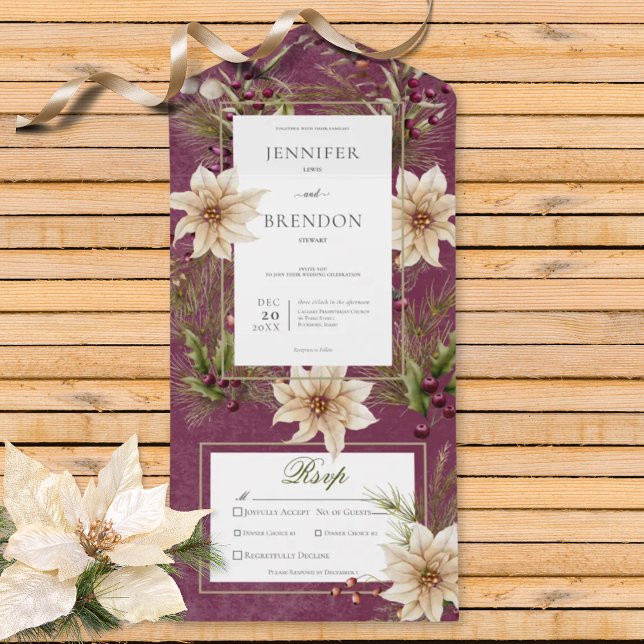 Boho Winter Greenery Boughs Burgundy Dinner All In One Invitation (Also available with a QR code or without dinner selection options.)