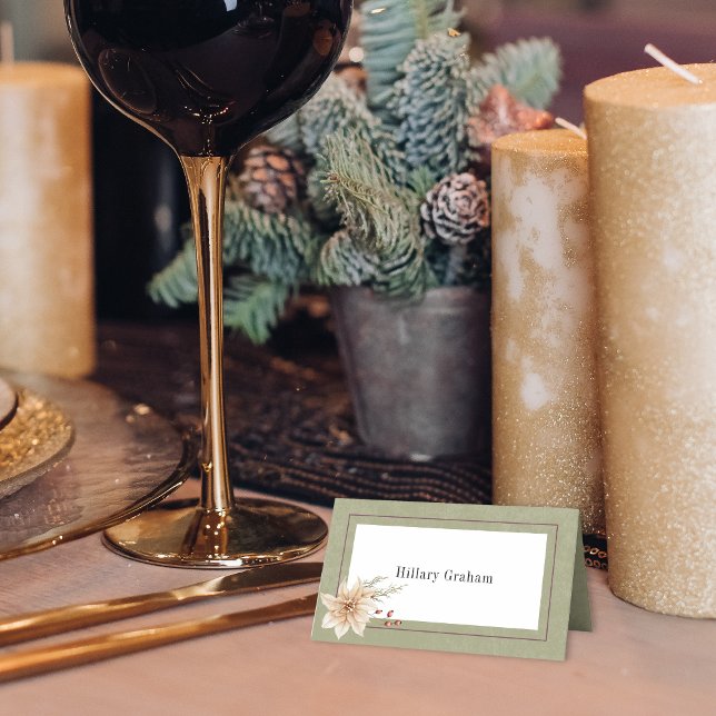 Boho Winter Greenery Boughs Sage Green Folded Place Card (Creator Uploaded)
