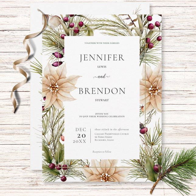 Boho Winter Greenery Boughs White Invitation (Creator Uploaded)
