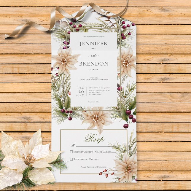 Boho Winter Greenery Boughs White No Dinner All In One Invitation (Also available with a QR code or with dinner selection options.)