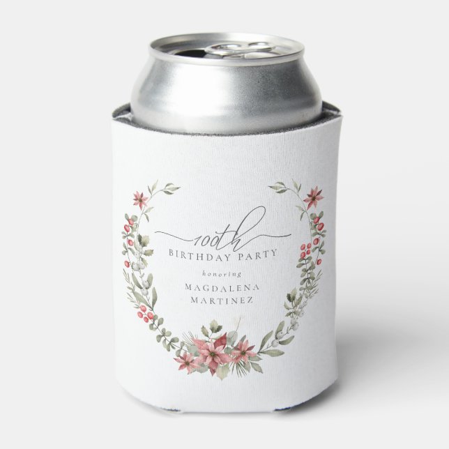 Boho Winter Greenery Red Floral 100th Birthday Can Cooler (Can Front)