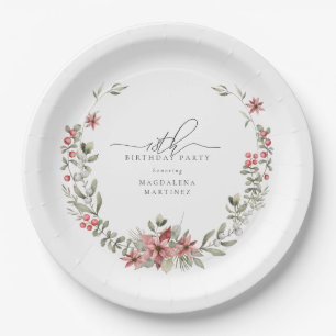 Boho Winter Greenery Red Floral 18th Birthday Paper Plate