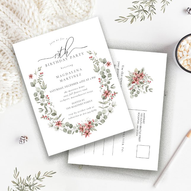 Boho Winter Greenery Red Floral 19th Birthday Invitation Postcard (Creator Uploaded)