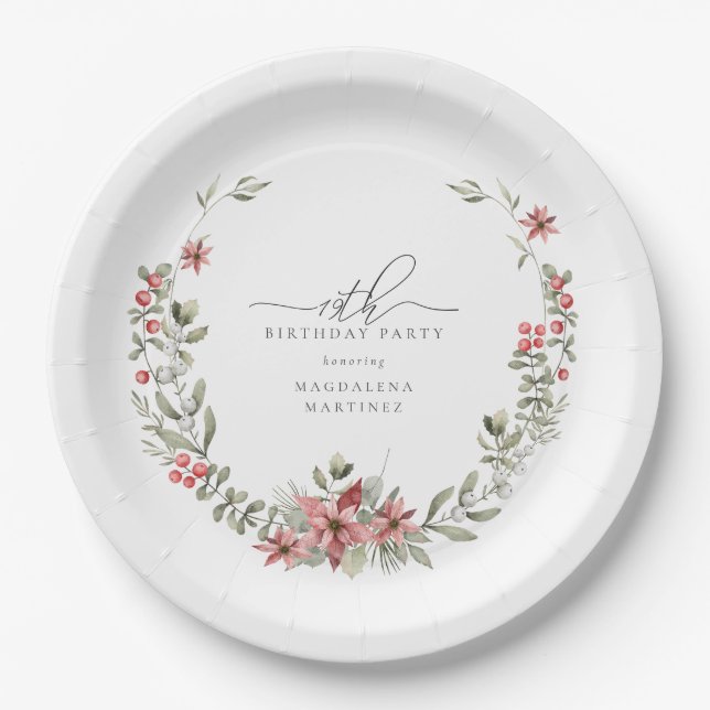Boho Winter Greenery Red Floral 19th Birthday Paper Plate (Front)