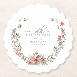Boho Winter Greenery Red Floral 30th Birthday Paper Coaster
