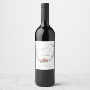 Boho Winter Greenery Red Floral 30th Birthday Wine Label