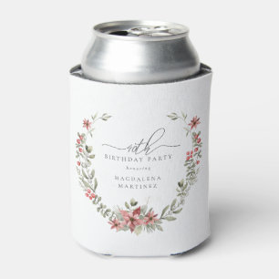 Boho Winter Greenery Red Floral 40th Birthday Can Cooler