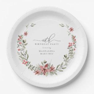 Boho Winter Greenery Red Floral 40th Birthday Paper Plate