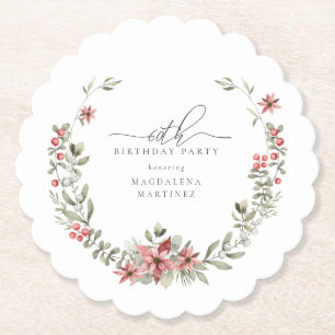 Boho Winter Greenery Red Floral 60th Birthday Paper Coaster