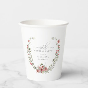 Boho Winter Greenery Red Floral 60th Birthday Paper Cups