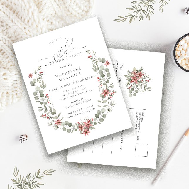 Boho Winter Greenery Red Floral 70th Birthday Invitation Postcard (Creator Uploaded)