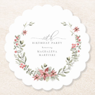 Boho Winter Greenery Red Floral 80th Birthday Paper Coaster
