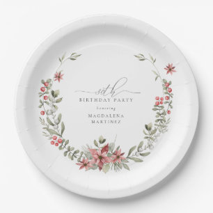 Boho Winter Greenery Red Floral 80th Birthday Paper Plate