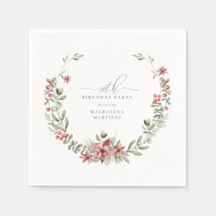 Boho Winter Greenery Red Floral 90th Birthday Napkin