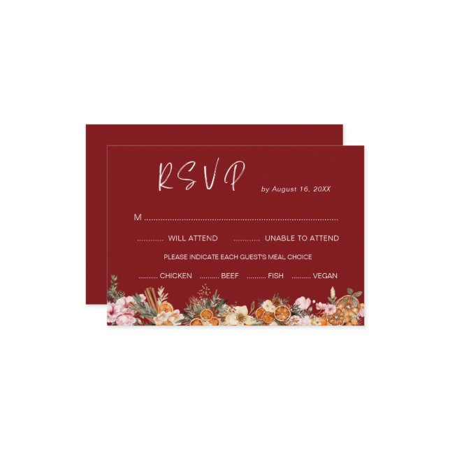 Boho Winter Holiday Burgundy Wedding QR Code  RSVP Card (Front/Back In Situ)
