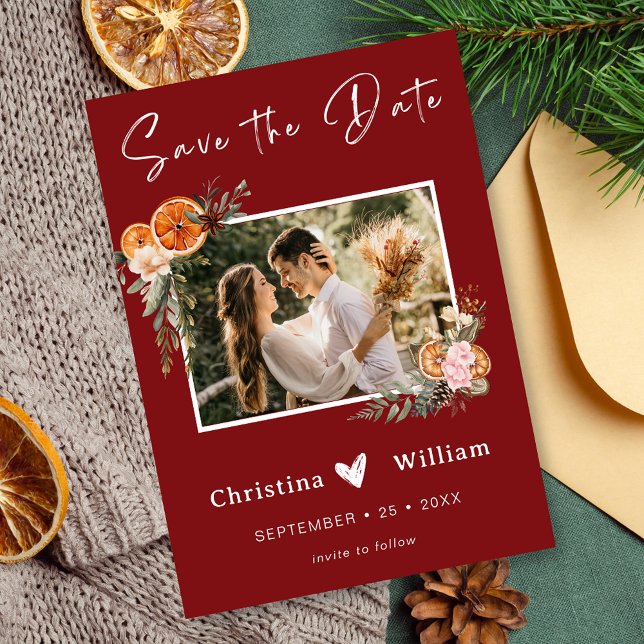 Boho Winter Holiday Wedding Burgundy Save the Date Invitation (Creator Uploaded)