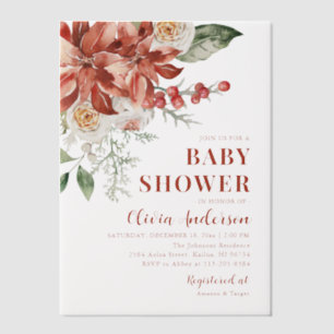 Boho Winter Red Floral Christmas Baby Shower Vellum Invitations