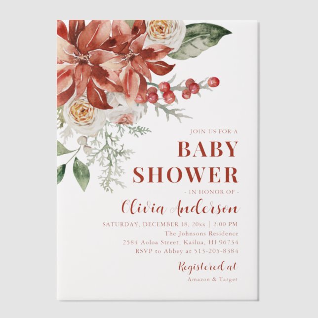 Boho Winter Red Floral Christmas Baby Shower Vellum Invitations (Front)