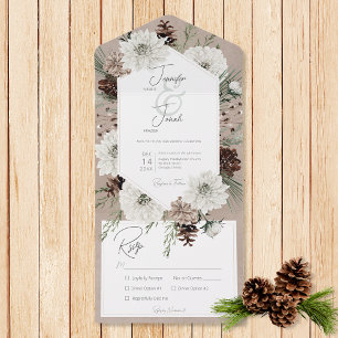 Boho Winter White Floral & Pine Brown Dinner All In One Invitation