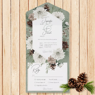Boho Winter White Floral & Pine Green Dinner All In One Invitation