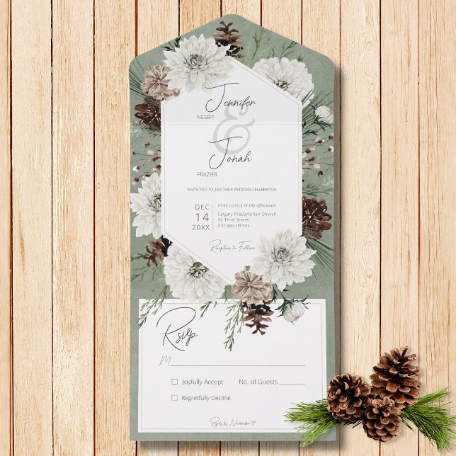 Boho Winter White Floral & Pine Green No Dinner All In One Invitation (Also available with a QR code or with dinner selection options.)