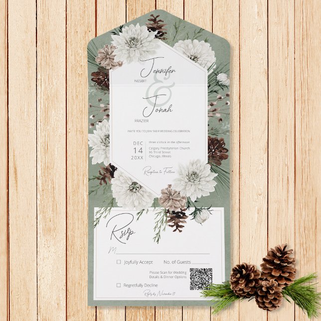 Boho Winter White Floral & Pine Green QR Code All In One Invitation (Also available without a QR code; with or without dinner selection options.)