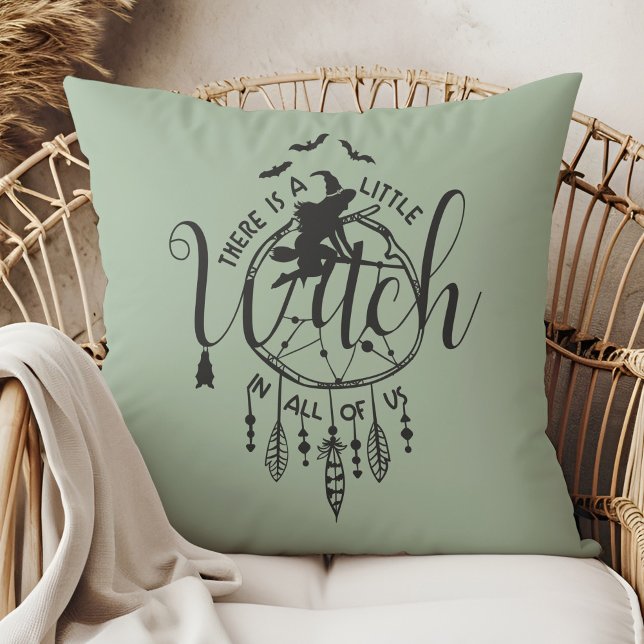 Boho Witch Vibes Tote – Little Witch in All of Us Cushion (Boho Witch Vibes – Little Witch in All of Us Throw Pillow in a boho rattan armchair.)