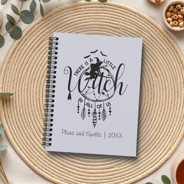 Boho Witch Vibes Tote – Little Witch in All of Us Planner (Boho Witch Vibes – Little Witch in All of Us Planner on a boho table with herbs and a cup of tea.)
