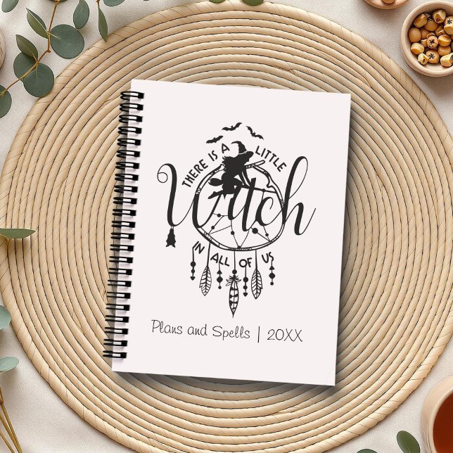 Boho Witch Vibes Tote – Little Witch in All of Us Planner (Boho Witch Vibes – Little Witch in All of Us Planner on a boho table with herbs and a cup of tea.)