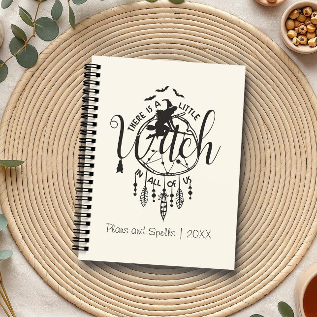 Boho Witch Vibes Tote – Little Witch in All of Us Planner (Boho Witch Vibes – Little Witch in All of Us Planner on a boho table with herbs and a cup of tea.)