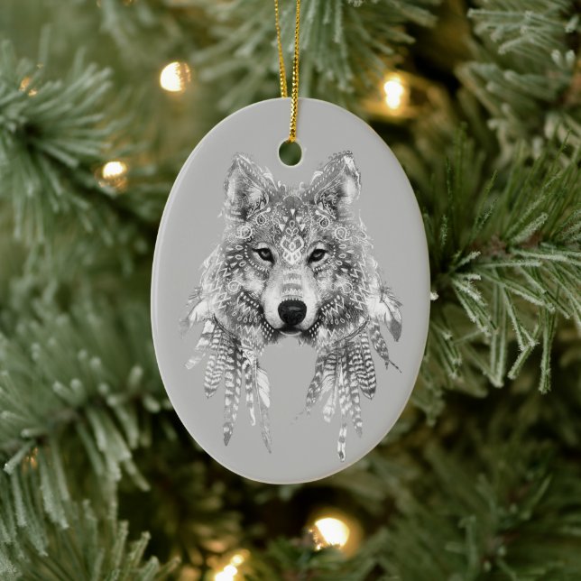 Boho Wolf Customisable  Ceramic Ornament (Tree)